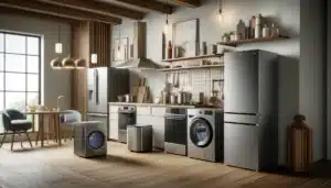 Las 10 mejores marcas de electrodomésticos para equipar tu hogar con calidad y estilo 3 DALL·E 2024 12 14 18.31.11 Una composicion artistica que muestra un conjunto de electrodomesticos modernos y de alta calidad de diferentes marcas reconocidas dispuestos en un a