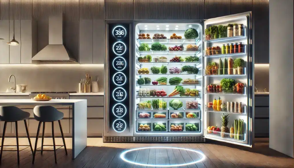 Descubre los secretos de los frigoríficos modernos para mantener tus alimentos frescos 1 DALL·E 2024 12 14 18.34.40 Un diseno artistico que muestra un frigorifico moderno abierto lleno de alimentos frescos como frutas verduras carnes y lacteos con tecnologia ava