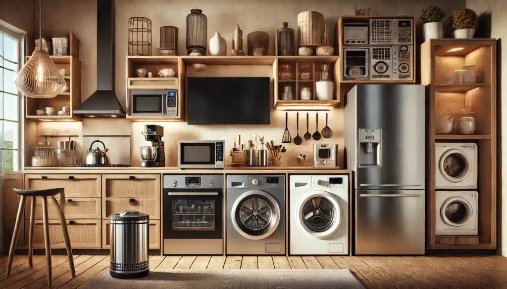Los electrodomésticos que no pueden faltar en tu hogar 1 DALL·E 2024 12 15 11.32.16 Una escena hogarena moderna que muestra una variedad de electrodomesticos esenciales como una nevera horno microondas lavadora aspiradora y cafete